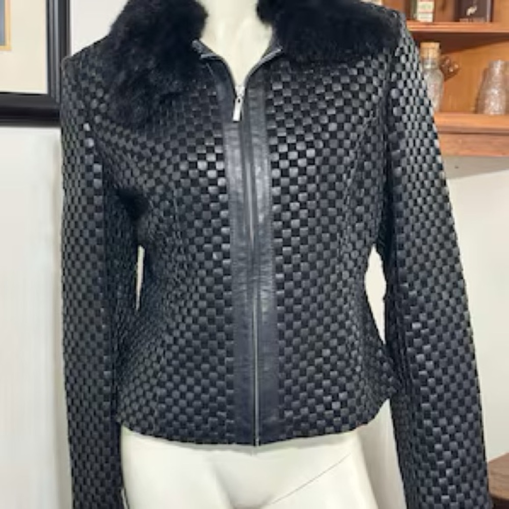 Black Woven Leather Jacket with Angora Rabbit Fur Collar